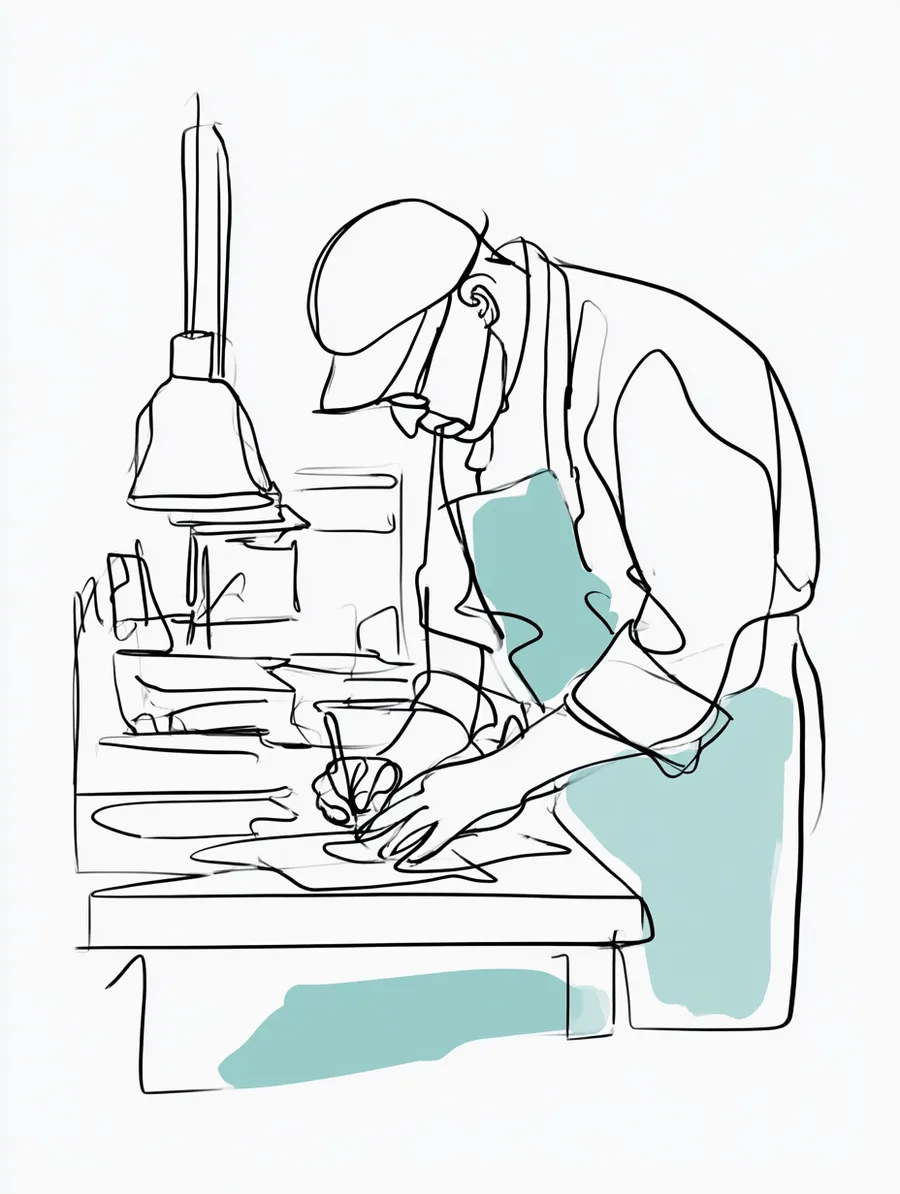 Chef reviewing receipts and costs at a stainless kitchen counter after service