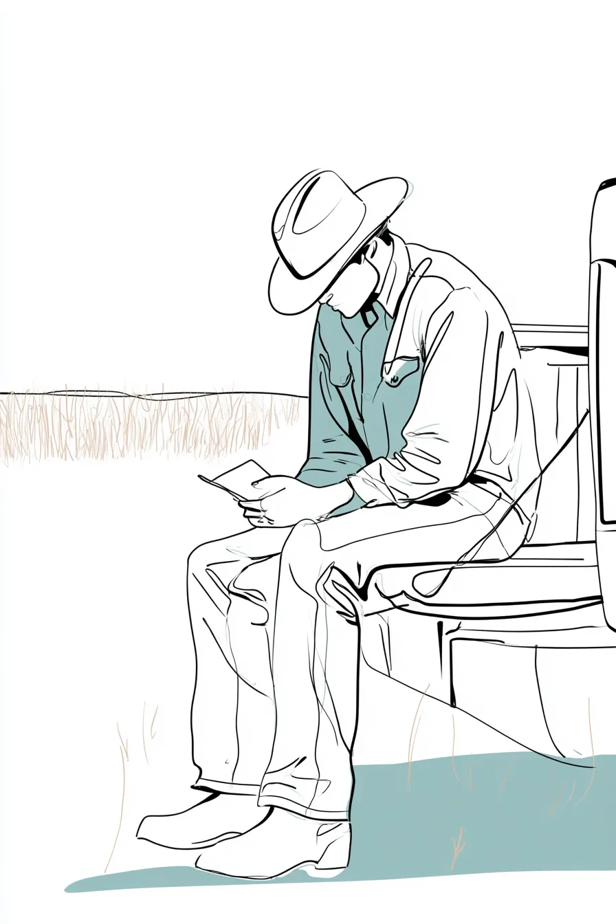 Rancher sitting on a pickup tailgate reviewing income records in a notebook