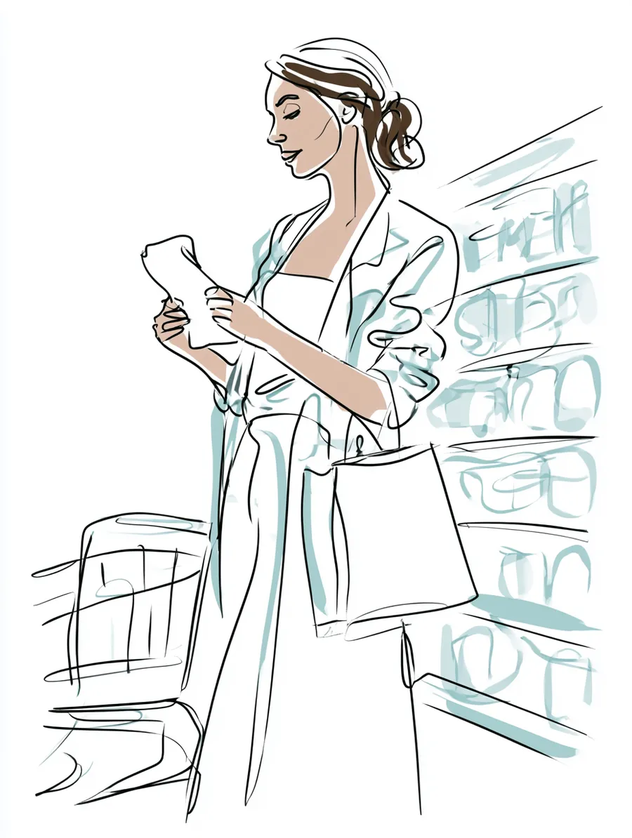 Shopper checking a written grocery list against a budget in a store aisle