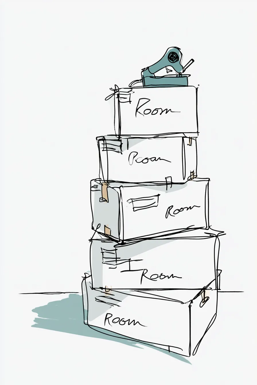 Stack of moving boxes labeled by room with a tape gun resting on top