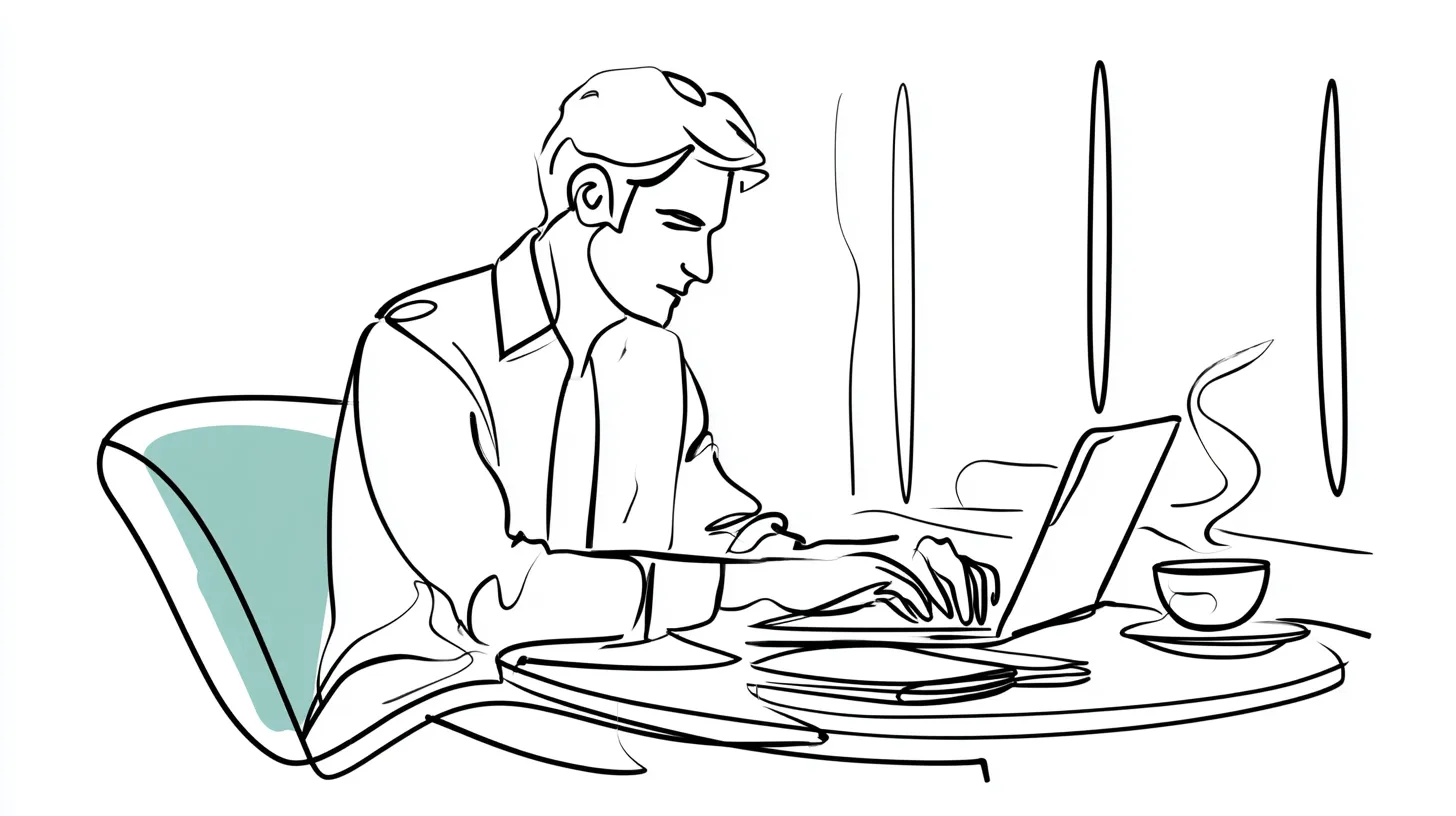 Writer drafting borrower education guides on a laptop with morning coffee