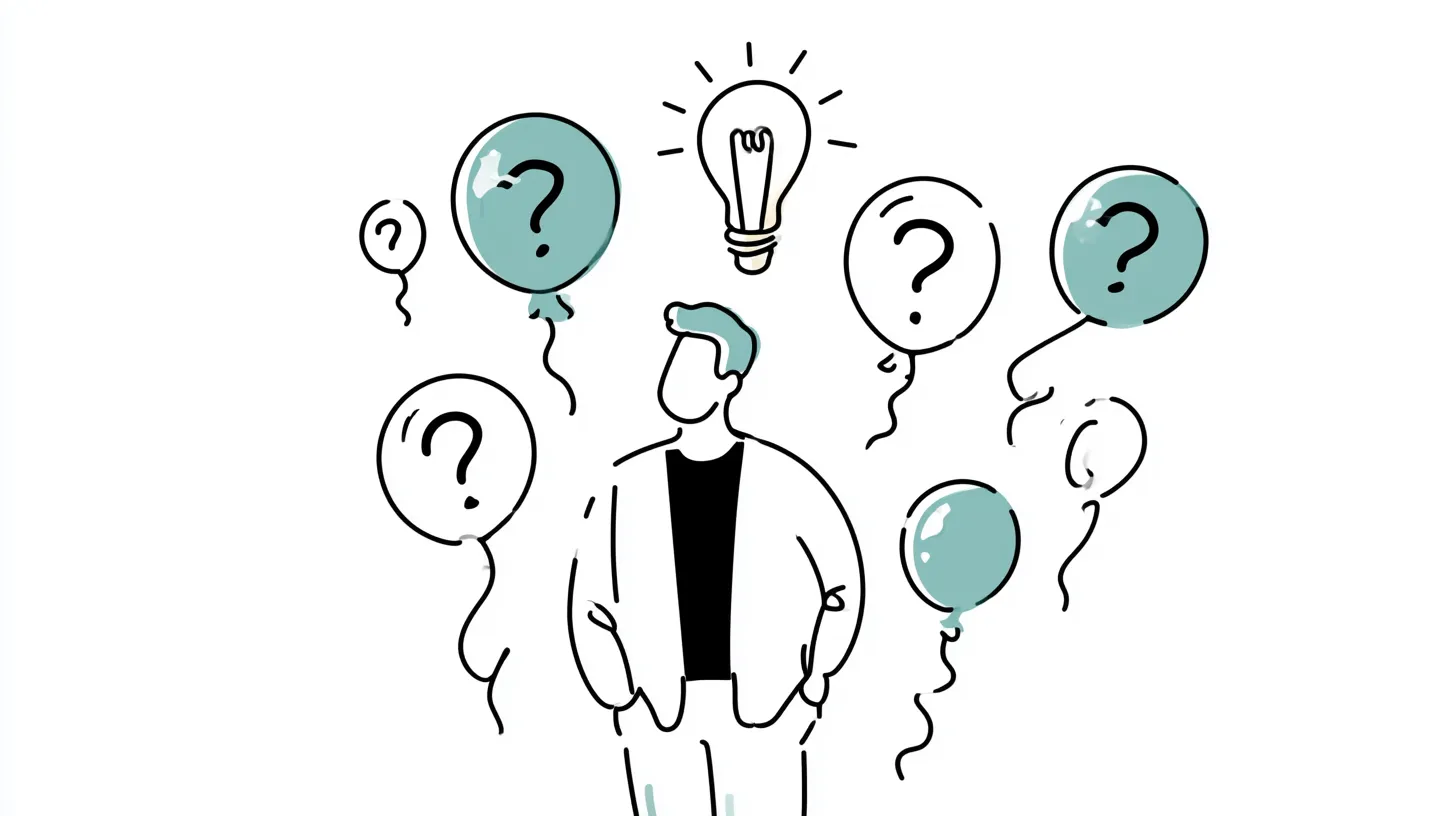 Man surrounded by floating question marks and one lit bulb of answers