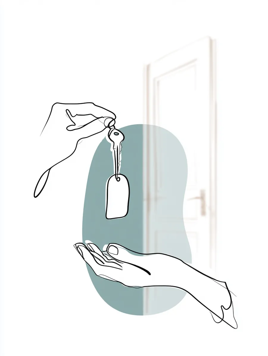 Hand receiving a new house key with a tag in front of an open doorway