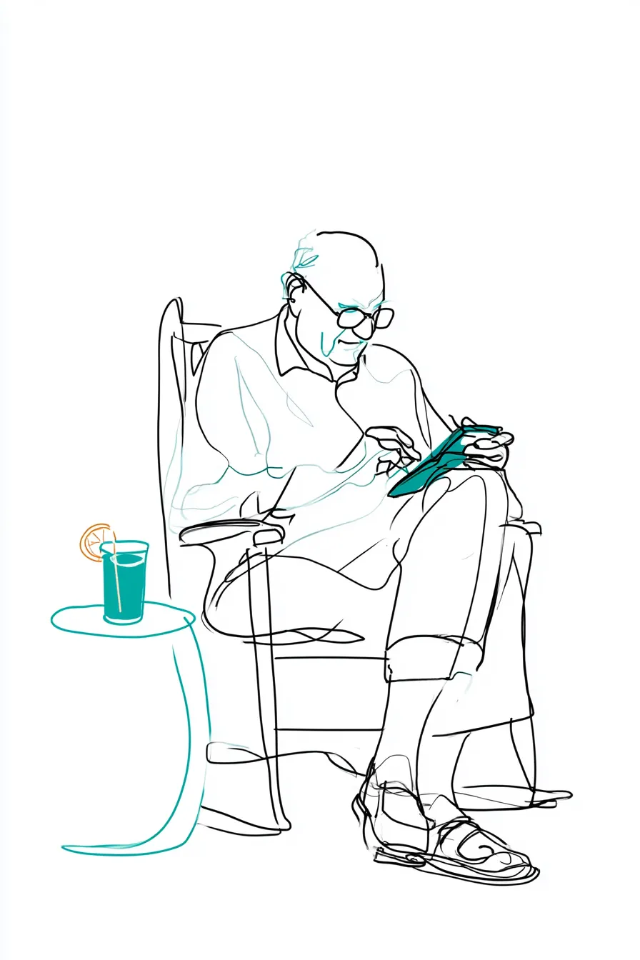 Retiree in a porch chair working through payment estimates on a tablet