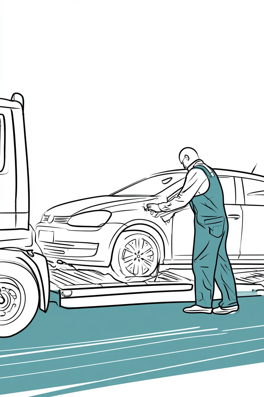 Tow truck operator securing a car onto a flatbed at dusk after a breakdown