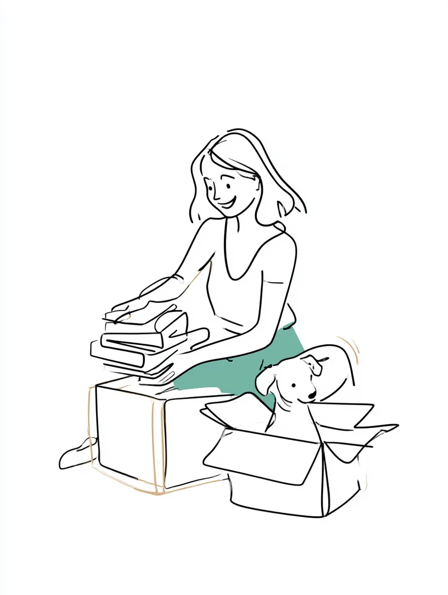 New resident unpacking a box of books while the family dog inspects a carton